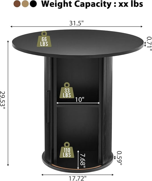 31.5" Round Dining Table for 2-4, Modern Kitchen Table with 2-Tier Storage Shelf, Small Wooden Circle Dining Tables with Fluted Base for Home Dining Room Living Room (Black)