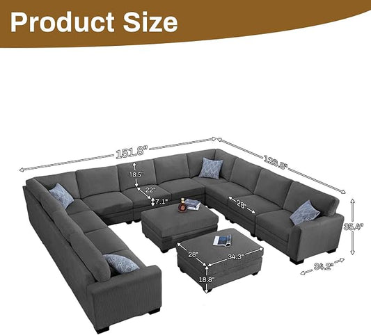 Legend Vansen Oversized Modular Sectional Sofa,8 Seat U Shaped Couch with Ottoman,Corduroy Sofa with Deep Seat,Convertible Large Sectional Couches for Living Room (Grey, U-13)