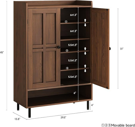 ONBRILL Shoe Cabinet with Cross Molding Doors, 6-Tier Shoe Storage Cabinet with 3 Adjustable Shelves and Metal Legs, 45'' Tall Shoes Rack Organizer Cabinet for Entryway, Front Door, Walnut