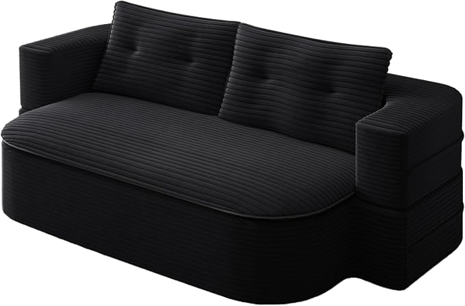 78.7" Futon Sofa Bed, 2-in-1 Foldable Sleeper Sofa, Convertible Sofa Bed with Pillows, Corduroy Couch with Multi Functional Blanket Upholstered Boneless Couches for Living Room, Jet Black