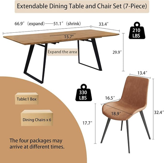 ZckyCine 51‑67 Inch Expandable Dining Set with 6 PU Leather Chairs, Wooden Furniture for Small‑Size Homes
