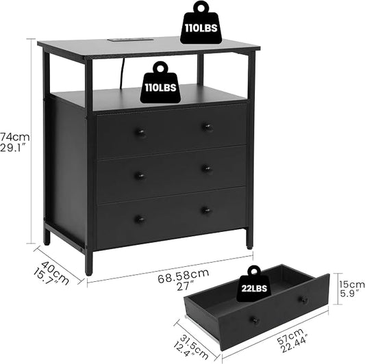 Edbuosy 3 Wooden Drawers Night Stand, 27 Inch Wide Nightstand Set 2 with Charging Station and Adjustable Drawers, Small Dresser for Closet, Bedside Table for Living Room/Bedroom/Office, Black