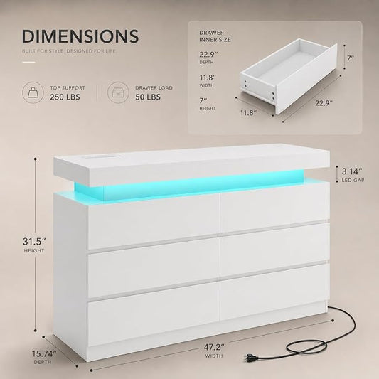 6 Drawer Dresser with LED Lights & Charging Station, Modern Floating White Dresser for Bedroom, Smart Storage Chest with 2 AC Outlets & USB Ports for Living Room, Closet, Entryway
