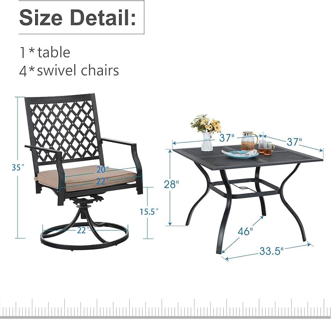 PHI VILLA 5 Pieces Outdoor Dining Set for 4, 37” Square Metal Steel Table with Mesh Tabletop & Swivel Wrought Iron Chairs with Cushions, Outside Furniture Set for Patio, Deck, Yard, Porch