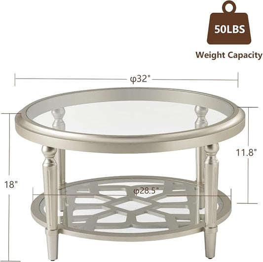 COSIEST 32" Round Glass Coffee Table with Storage, 2-Tier Modern Champagne Center Table for Living Room, Elegant Clear Glass Top Accent Table with Pine Wood Frame, Simple Home Office Furniture