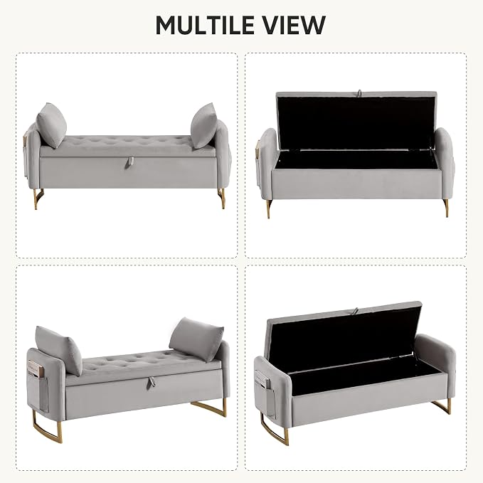 48" End of Bed Bench, Modern Storage Benches with Button-Tufted, Velvet Upholstered Storage Ottoman Bench for Foot of Bed with Arms, Gold Legs Window and Entryway, Light Grey