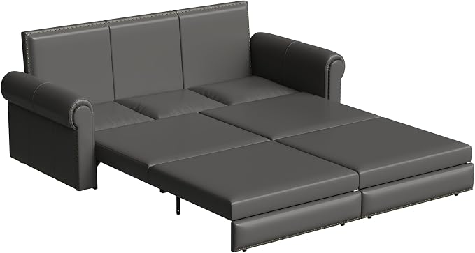 93.7" King Pull Out Sofa Bed, Faux Leather Sleeper Sofa Couch, 3 in 1 Convertible Futon Couches for Living Room, Small Space, Apartment, Office, Bedroom, Modern Rivet Armrest, Grey