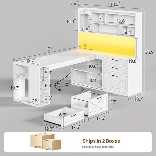 SEDETA Farmhouse L Shaped Office Desk with Drawers, 61” Computer Desk with Storage Shelves and Power Outlet, Corner Gaming Desk with LED Light and Display Cabinet for Home Office (White)