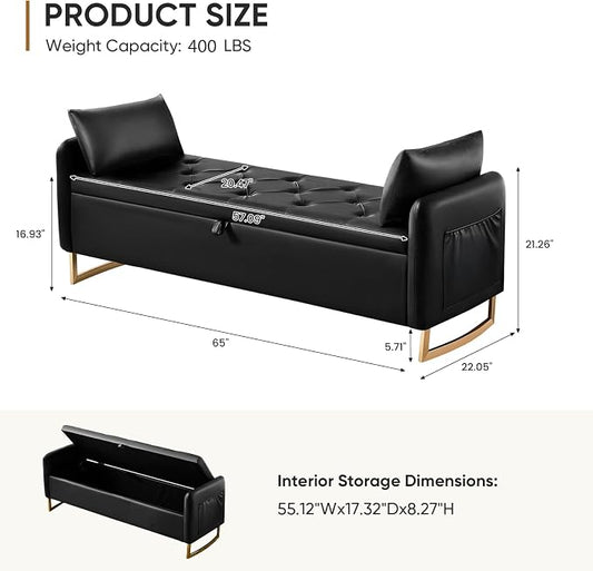65" End of Bed Storage Bench, Modern Storage Benches for Foot of Bed with Tufted Button and Gold Legs, Upholstered Faux Leather Window Ottoman Benches with Armrests, Black