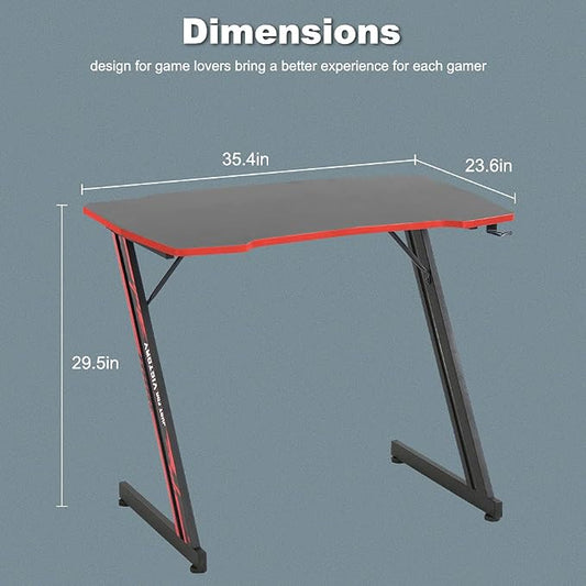BestOffice Gmaing Desk 35.4in PC Computer Desk Z Shaped Gaming Workstation Ergonomic Gaming Table with Headphone Hook for Home Office, Red