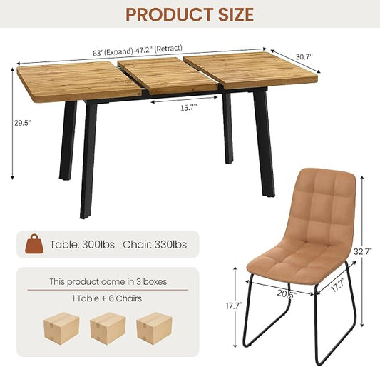 Extendable Dining Table Set for 4 to 8 People, 47.2" to 63" Modern Kitchen Table Set with 6 Chairs, MDF Dining Room Table and Chairs with Removable Extension Leaf (Walnut Table+U-Shaped Brown Chairs)