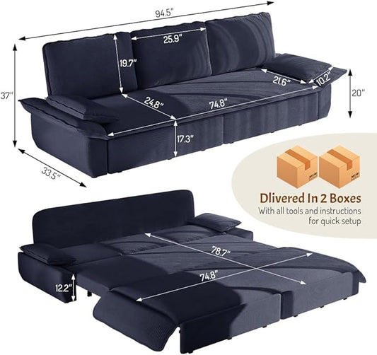ERYE King Foldable Sleeper Sofa,Oversized 3-in-1 Convertible Pull Out Sleeper Sofabed W/Pillow Armrests,3 Seat Couch Space Saving Sleeper Sofa Bed for Living Room Bedroom
