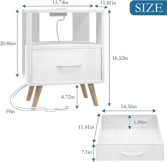 Huhote Kids Nightstand, 2-Tier Night Stand with Charging Station and Drawer, Modern Side Table for Bedroom, Study Room, Small Spaces, White