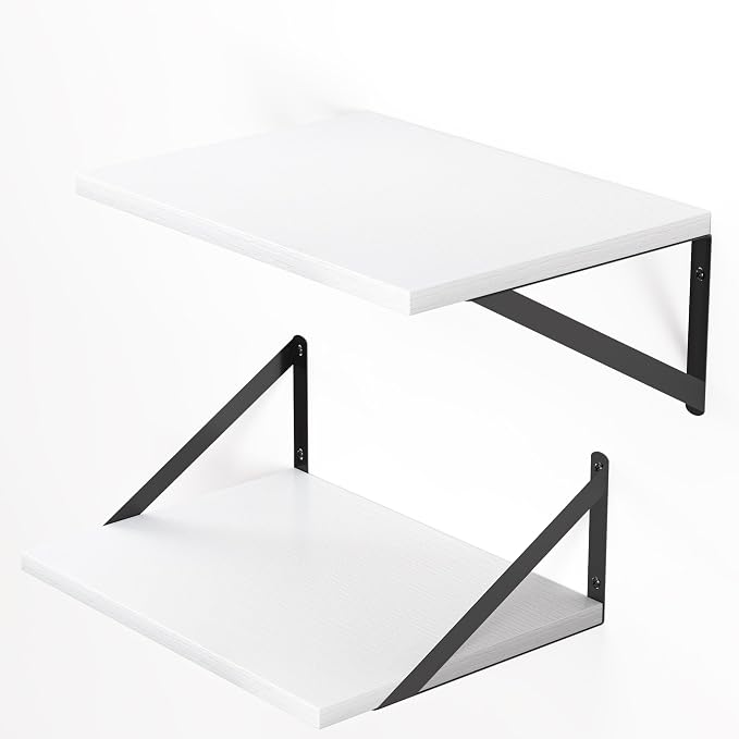 Heimlove White Deep Floating Shelves for Wall, 16W x 12D Wood Wall Shelves Set of 2, Wide Floating Bookshelf for Living Room, Kitchen, Office, Bedroom and Decor Storage, with Black Bracket - White