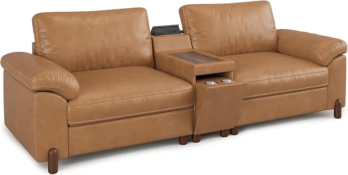 SITJOY Large Cloud Couch, 100" Wide Loveseat Sofa, Faux Leather in Brown | Pet-Friendly Scratch-Resistant Leather Sectional Sofas for Living Room, Deep Seat Wide Couch with Cuphoders