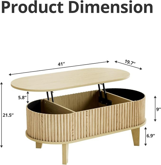 Oval Coffee Table with Lifting Top, 41" Fluted Coffee Table with Storage for Living Room or Home Office, Oak
