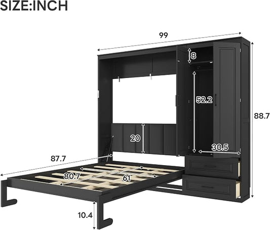 Merax Farmhouse Multi-Functional Murphy Bed with Wardrobe & Drawers,Black | Queen Size Solid Wood Foldable Wall Bed with Upholstered Headboard / No Box Spring Needed / Space Saving