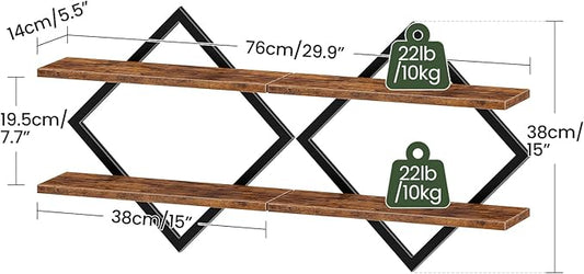 CHOEZON Floating Shelves, Set of 2 Wall Shelves, 2-Tier Hanging Shelves, Wall Shelf Set of 2, Wall Mounted Shelves, for Living Room, Bedroom, Kitchen, Office, Study, Rustic Brown TBJ01P2BF