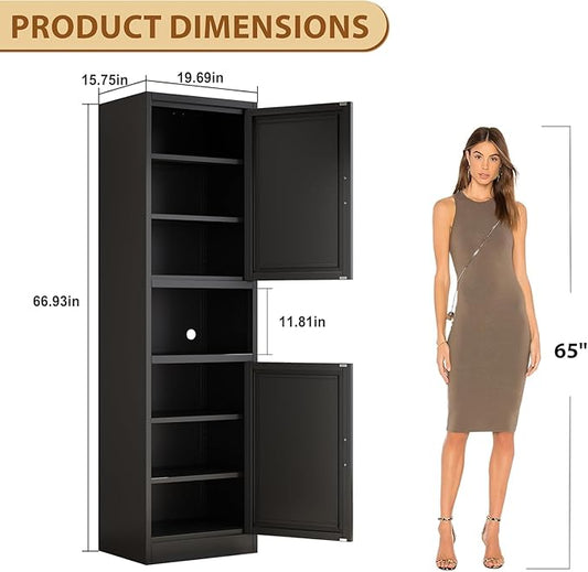 Tall Metal Narrow Bathroom Storage Cabinet 67" H, Tall Black Pantry Cabinets with 4 Adjustable Shelves and 2 Doors for Kitchen, Home Office, Living Room, Dining Room(20 inches Wide)