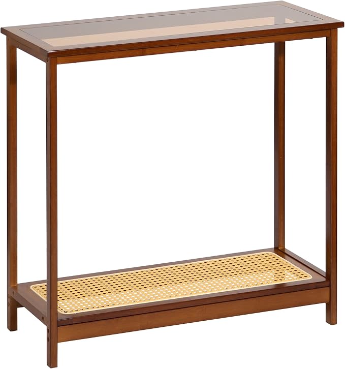Bamboo Narrow Console Table, 31.5"(L) Wood Small Entryway Table with Rattan and Glass, Accent Slim Hallway Tables, Thin Sofa Side Tables for Hallway, Living Room, Bedroom, Foyer, Walnut