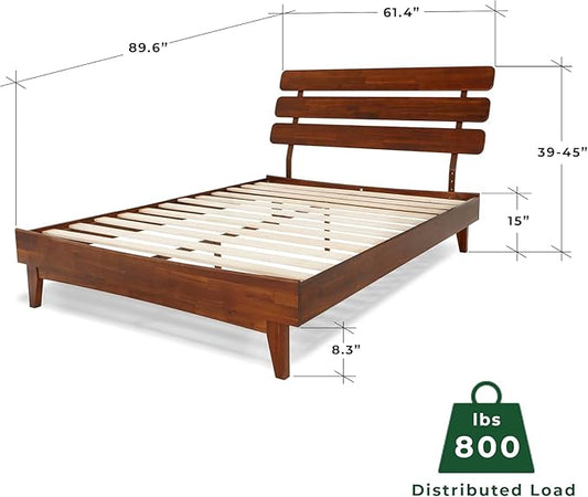 Bme Caden Queen Bed Frame and Adjustable Headboard, 15 Inch Mid Century Retro Style - Solid Acacia Wood - No Box Spring Needed - 12 Strong Wood Slat Support - Easy Assembly - Dark Chocolate