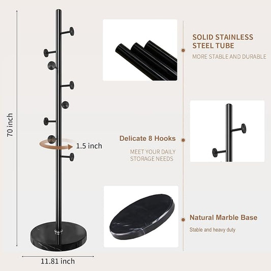 Modern Metal Coat Rack Stand, Coat Rack Freestanding with Natural Marble Base, Sturdy Heavy Duty Coat Racks with 8 Hooks, Black Coat Hall Tree Stand for Entryway, Office