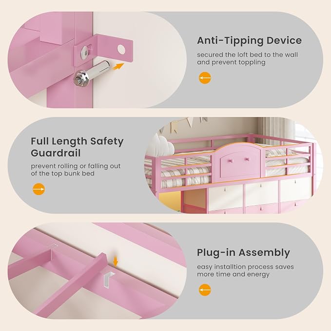 VIAGDO Low Loft Bed Twin Size with 9 Storage Drawers and LED Lights, Metal Twin Loft Bed with Stairway Shelf Storage, Low Loft Bed with Safety Guardrail and Under-Bed Hideaway for Kids, Pink