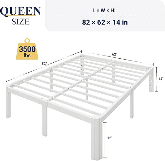 Allewie Metal Queen Bed Frame, 14 Inch 3500LBS Heavy Duty Platform Bed with Rounded Corner & Under Bed Space, No Box Spring Needed, Noise Free, Easy Assembly, White