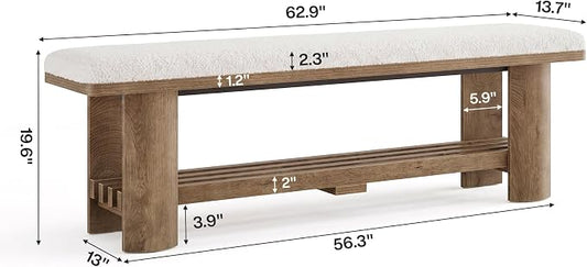 Tribesigns Entryway Bench with Storage, 62.9-Inch Wooden Upholstered Shoe Bench with Faux Lamb Wool Cushion and Shoe Rack for Living Room Hallway