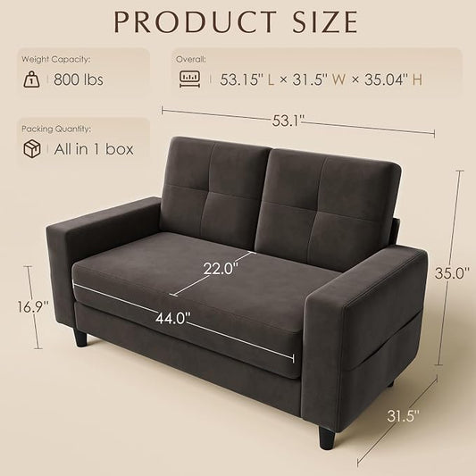 Loveseat Sofa丨53 inch Love Seat Small Couch for Small Space 丨7.5” Thick Seat Cushion Sofas for Bedroom丨Chenille Mini Couch for Apartment (Brown)