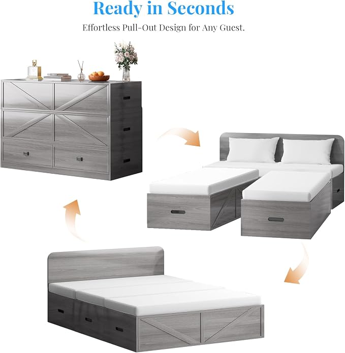 PUREMIND Murphy Bed Full with Mattress Included, Wood Cabinet Bed with Dual Storage Drawers & 2 Pillows, 3-in-1 Convertible Sofa Beds for Small Space, Guest Room, Home, Gray