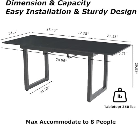Extendable Dining Table for 4-8 People,70.86''Modern Space-Saving Kitchen Table with Metal Legs,Rectangle Folding Conference Meeting Table for Living Meeting Room Kitchen,Black