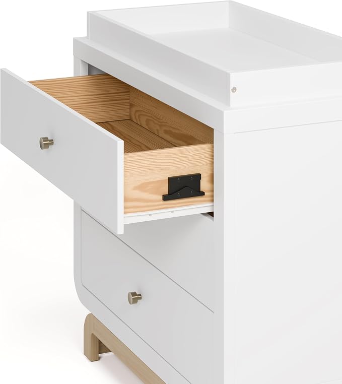 Storkcraft Santorini 3 Drawer Chest with Changing Topper (White with Driftwood) – GREENGUARD Gold Certified, Award-Winning Premium Wood Dresser for Baby & Kids Bedroom with Interlocking Drawer System