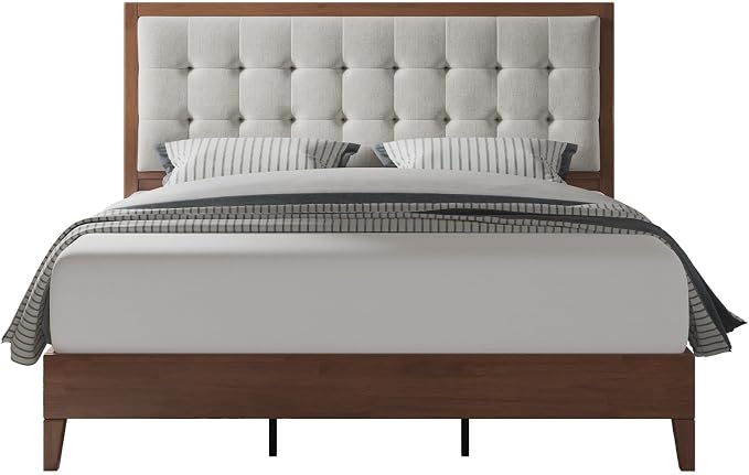 Jocisland Solid Wood Full Size Bed Frame 50.2" Tall Upholstered Headboard, Mid-Century Style, Stable Platform Support, No Box Spring Needed, Walnut