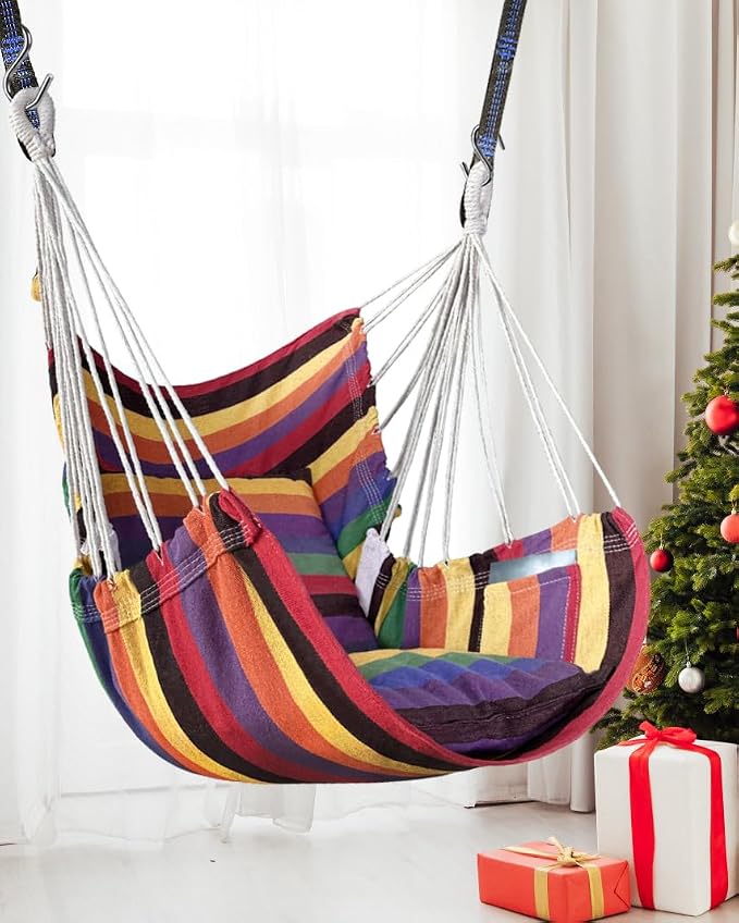 Halalona Hammock Chair Hanging Hammock Chair Rope Swing 2 Cushions Included-Sturdy & Durable Soft Cotton Hand Woven Hammock Swing for Bedroom, Porch, Patio-Indoor/Outdoor