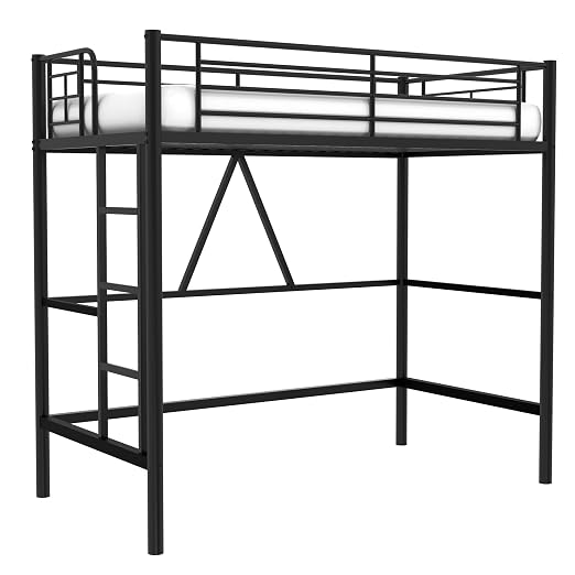 VECELO Metal Loft Bed Twin Size, Heavy Duty Bedframe with Removable Ladder and Safety Guardrail, Space-Saving, Noise Free, No Box Spring Needed, Matte Black