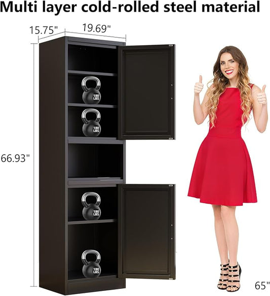 67" H Metal Tall Narrow Storage Cabinet, Freestanding Floor Cabinet with 2 Doors and Adjustable Shelves, Pantry Storage Cabinets for Bathroom, Living Room, Entryway and Kitchen (Black)