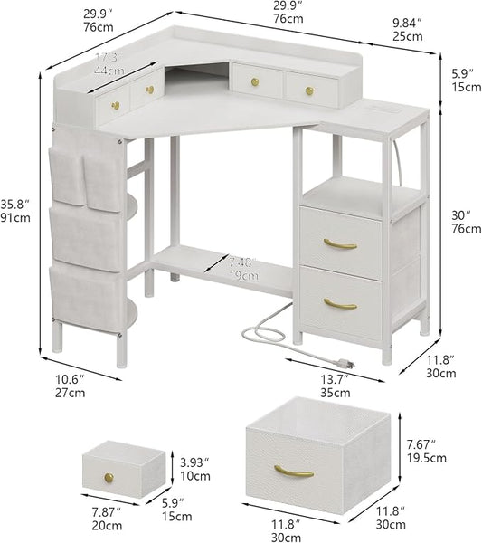 VENNQD Corner Desk with 6 Drawers Shelves for Small Space Computer Desk with Power Outlets,Gaming Desk with Printer Monitor Stand Storage for Home Office Workstation Writing Table (White, 31.5)