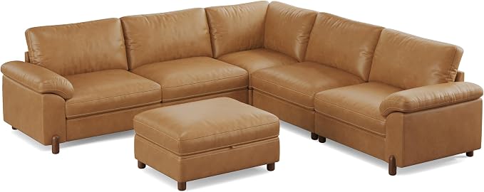 SITJOY Large Cloud Couch, 106" Wide 5 Seater V Shape, Faux Leather in Brown | Pet-Friendly Scratch-Resistant Leather Sectional Sofas for Living Room, Deep Seat Wide Couch with Chaise, Storage Ottoman