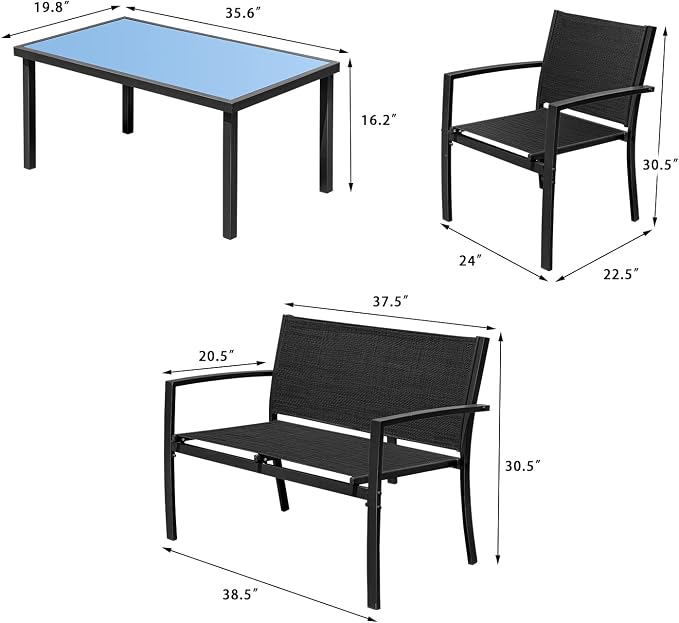 Devoko Outdoor Furniture Set 4 Piece Patio Conversation Sets Porch Furniture with Lawn Chairs & Glass Coffee Table for Garden Poolside (Black)