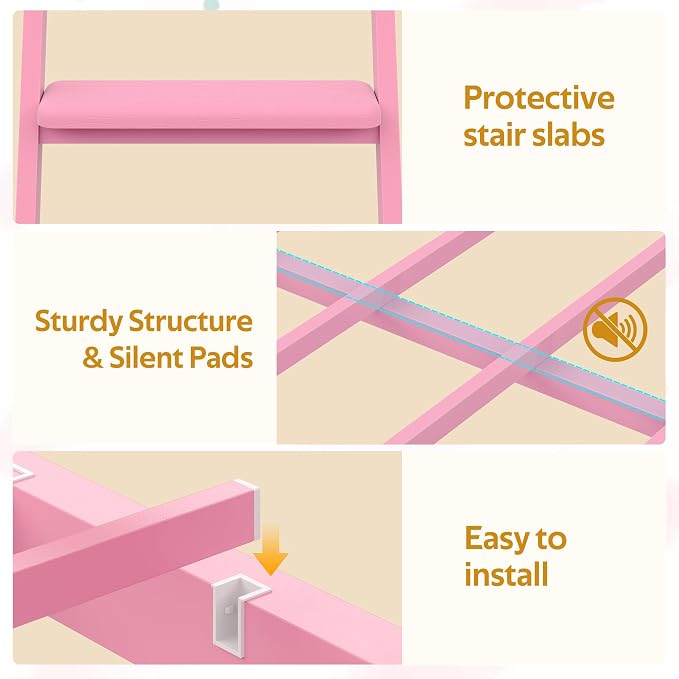 busyaeh Bunk Bed Full Over Twin,8 Drawer & 4 Shelve,15" H Safety Guardrail | Bunk Bed with Desk, Low bunk bed with LED Lights & Charging Station,L-Shaped Bunk Beds with Stairs,Girls bunk bed,Pink