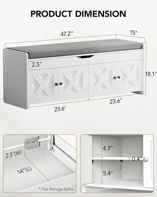 Amada Shoe Storage Bench, 47.2" Long Entryway Bench with Cushioned Seat & Lift Top Storage, 4 Doors, Adjustable Shelf, 300 lbs Capacity, Bench with Shoe Rack for Entryway, Bedroom, Living Room, White