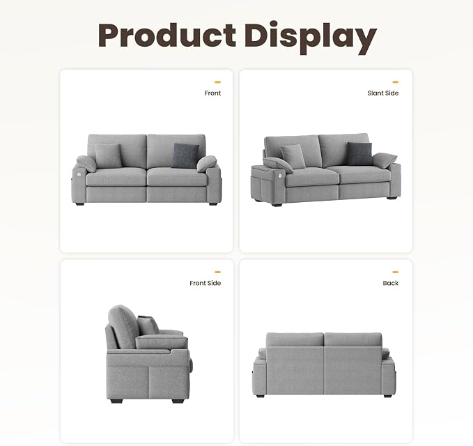 MALOL 76" Loveseat Couch, 3 Seater Upholstered Midcentury Mondern Love Seat with USB Type C Ports, 4 Pillows and Storage Armrest Cloud Foam Sofa for Living Room/Small Spaces, Grey | Breathable material