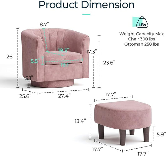 LINSY Swivel Accent Chair Ottoman Set: Velvet Small Barrel Chair with Foot Rest, Modern Reading Chair Upholstered Armchair with Footrest for Living Room Bedroom Study Room Office (Pink)