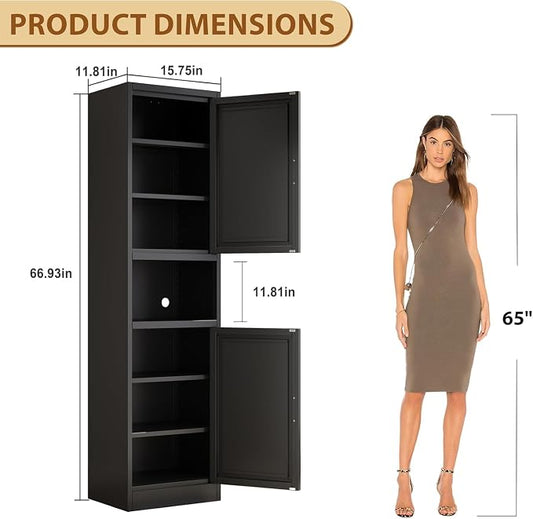 Tall Metal Narrow Bathroom Storage Cabinet 67" H, Tall Black Pantry Cabinets with 4 Adjustable Shelves and 2 Doors for Kitchen, Home Office, Living Room, Dining Room(16 inches Wide)