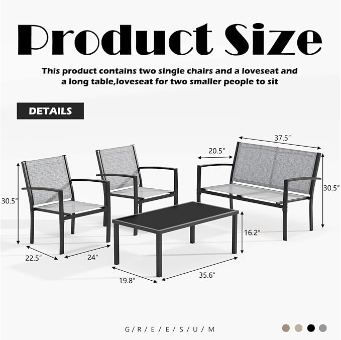 Greesum 4 Pieces Patio Furniture Set, Outdoor Conversation Sets for Patio, Lawn, Garden, Poolside with A Glass Coffee Table, Gray