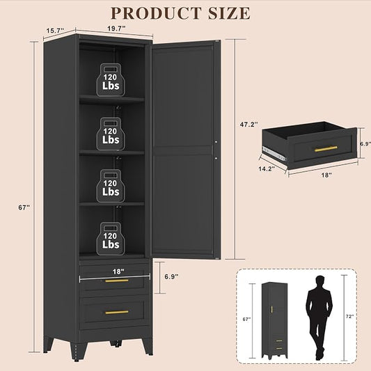 Tall Metal Narrow Storage Cabinet 67" H with 2 Drawer, Black Pantry Cabinets with 2 Adjustable Shelves and Door,Tall Bathroom Cabinet for Kitchen, Home Office, Living Room, Dining Room