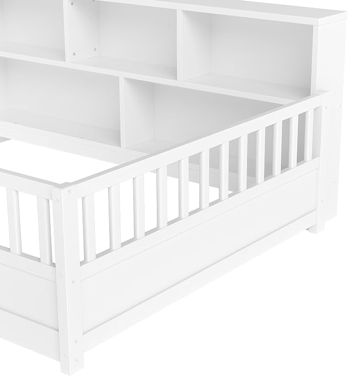 Bellemave Kids Montessori Floor Bed Full Size,Floor Bed Frame with Bookcase and Fence for Kids Boys Girls,White