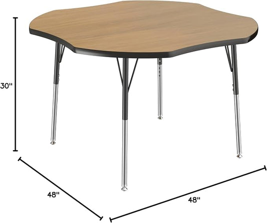 FDP Clover (48 x 48 inch) Collaborative Classroom Table with Adjustable Standard Swivel Glide Legs (19-30 in) School and Office Furniture - Pasadena Oak Top/Black Edge and Legs