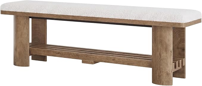 Tribesigns Entryway Bench with Storage, 62.9-Inch Wooden Upholstered Shoe Bench with Faux Lamb Wool Cushion and Shoe Rack for Living Room Hallway
